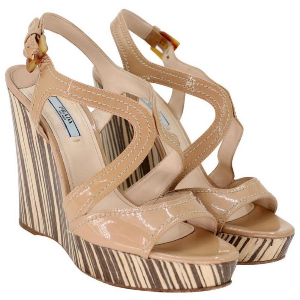 PRADA Patent Leather Striped Slingback Sandals SIZE 37.5